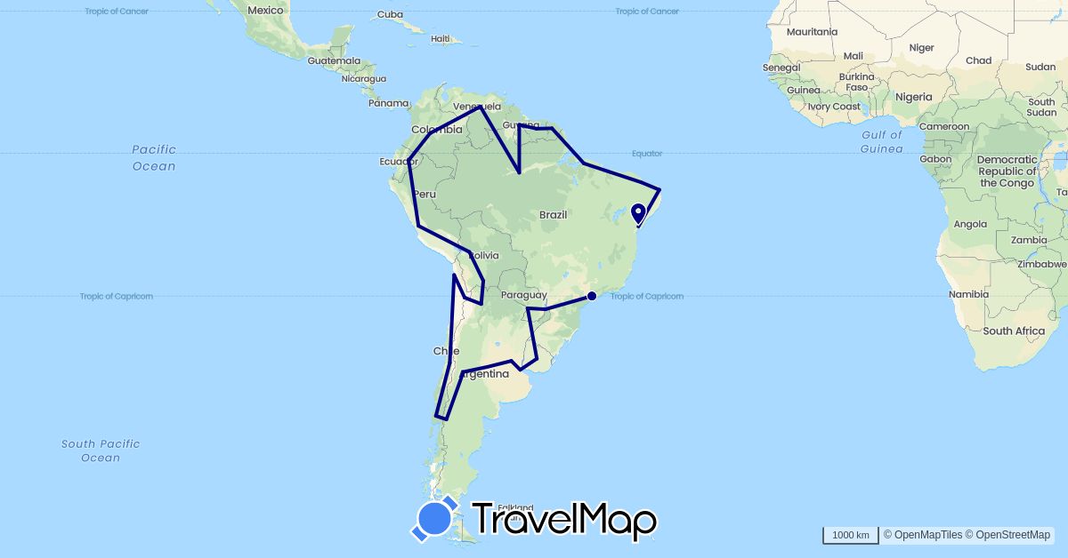 TravelMap itinerary: driving in Argentina, Bolivia, Brazil, Chile, Colombia, Guyana, Peru, Paraguay, Uruguay, Venezuela (South America)